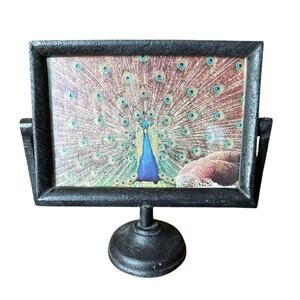 Vintage Cast Iron Pivoting Photo Frame • Peacock Print